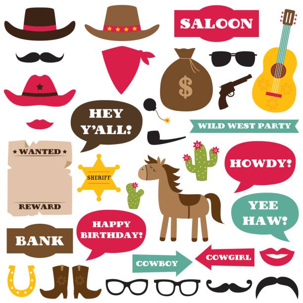 illustrations, cliparts, dessins animés et icônes de décoration et cowboy western partie photo stand les accessoires - cowboy hat photos