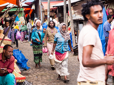 Addis Abeba, Ethiopia - June 06, 2016: People at Addis Mercato in Addis Abeba, Ethiopia, the largest market in Africa.