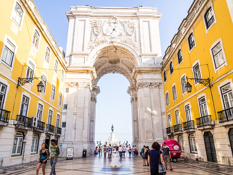 Lisbon, Portugal - June 13, 2017: The Rua Augusta Arch, a triumphal arch-like, historical building in Lisbon, Portugal, on the Praca do Comércio.