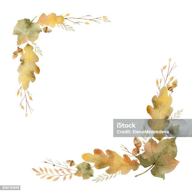 Watercolor Wreath Of Leaves And Branches Isolated On White Background Stock Illustration - Download Image Now