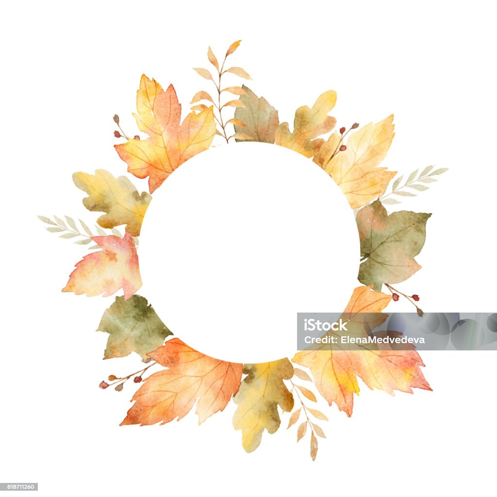 Watercolor round frame of leaves and branches isolated on white background. Watercolor round frame of leaves and branches isolated on white background. Autumn illustration for greeting cards, wedding invitations, quote and decorations. Autumn stock illustration