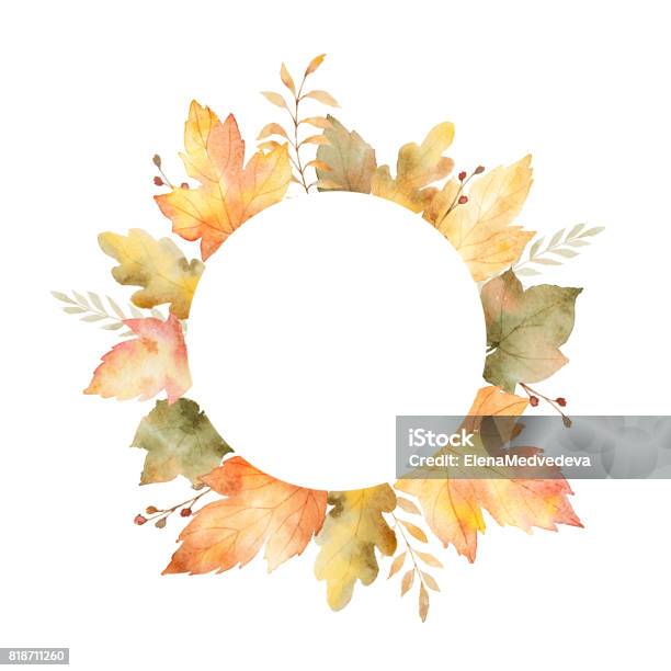 Watercolor Round Frame Of Leaves And Branches Isolated On White Background Stock Illustration - Download Image Now