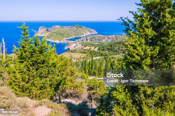 Cypress On A Road Lead To Cute Asos Village Kefalonia In Greece Stock Photo - Download Image Now