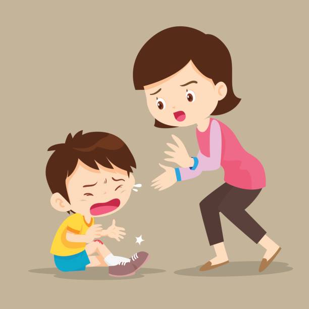 Mother looking at boy with wounds on his leg Mother looking at boy with wounds on his leg.Cute Boy crying and His Mom Comforting Upset. kid tripped stock illustrations