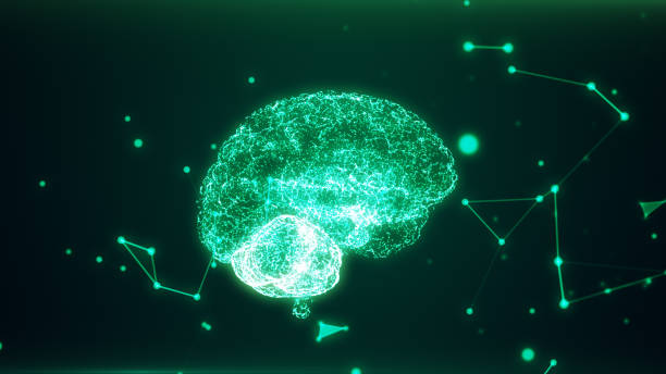 istock 3d rendering illustration. Red the human brain on dark background. The brain as a hologram. The grid frame that surrounds the brain. 818782756