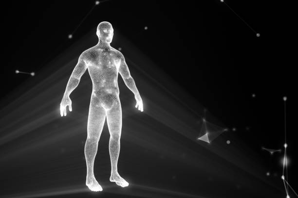 istock Human hologram in a cloud of compounds 3d illustration with copy space 818783824
