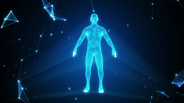 istock Human hologram in a cloud of compounds 3d illustration with copy space 818783844