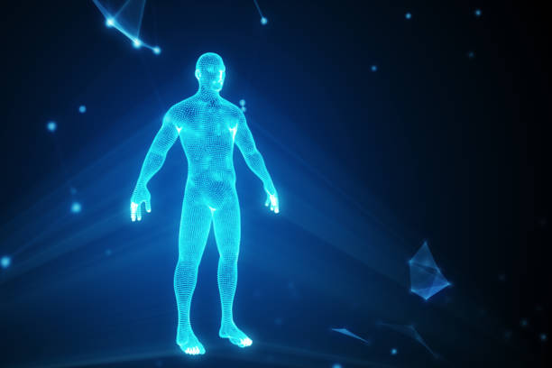 istock Human hologram in a cloud of compounds 3d illustration with copy space 818783964