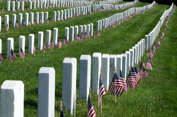 米国のフラグは、アーリントン国立墓地で記念日にすべての墓をマークします。 - arlington national cemetery virginia cemetery american flag ストックフォトと画像