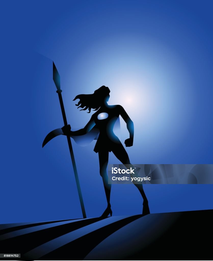 Vector Female Superhero Warrior Silhouette A silhouette vector illustration of a female superhero warrior standing with a spear in her hand. Wide spaces available for your copy. One Woman Only stock vector