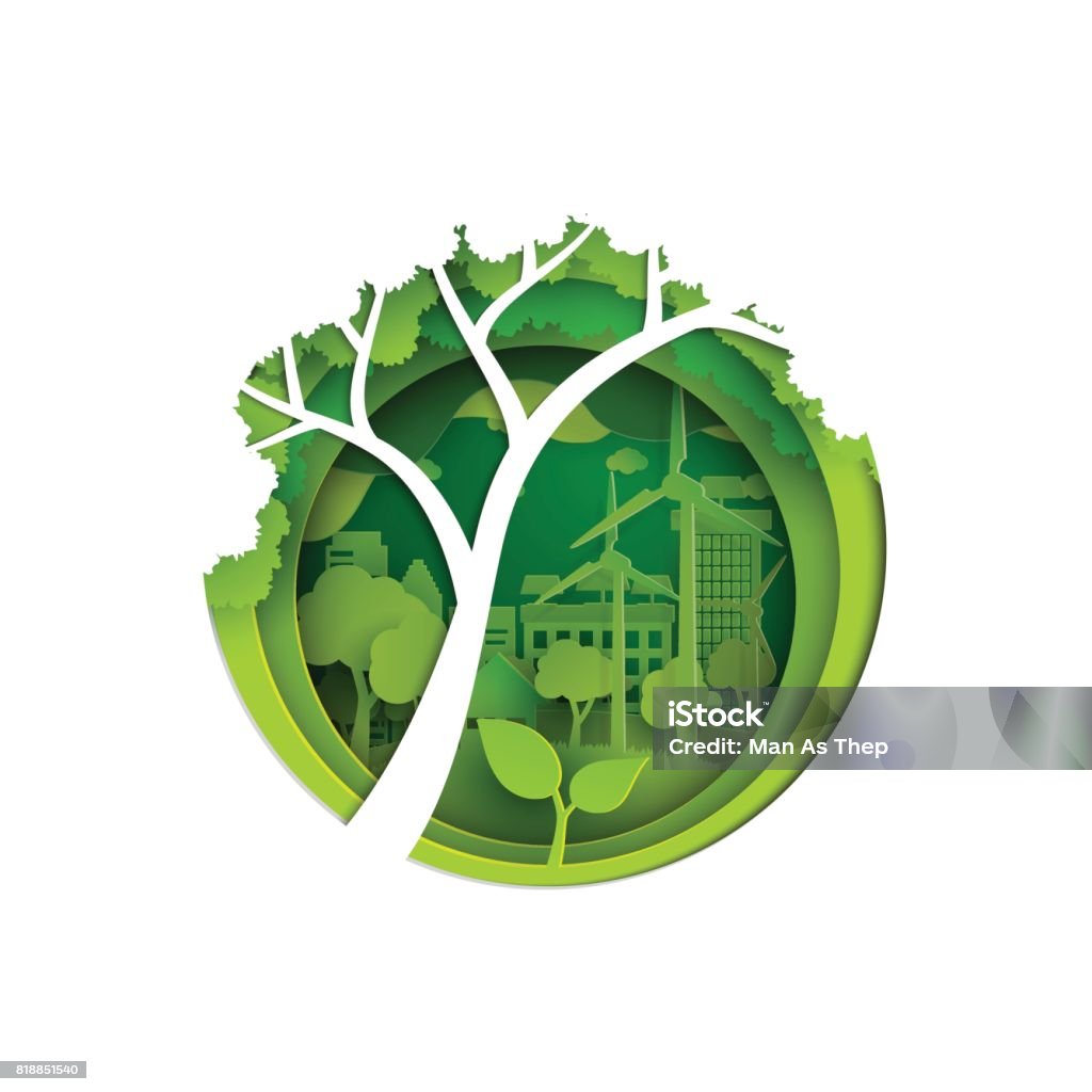 Eco and nature concept paper art style design. Eco and nature concept.Big tree,seedling and green city with environment conservation.Vector illustration Environmental Conservation stock vector