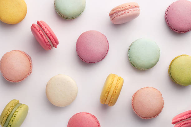 Macarons pattern on white background. Colorful french desserts. Top view