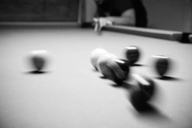 retro style photo from a billiards balls, noise added for real film effect,8ball rack,black and white poster large room with pool tables - snooker table imagens e fotografias de stock