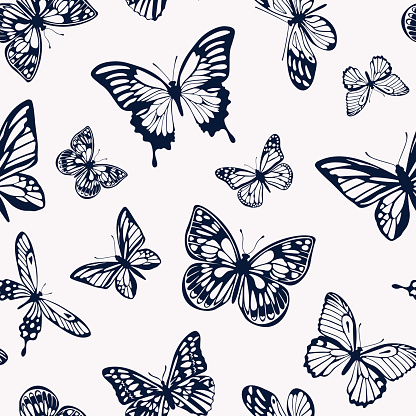 Vector pattern with dark silhouettes of butterflies on a light background in a flat style.