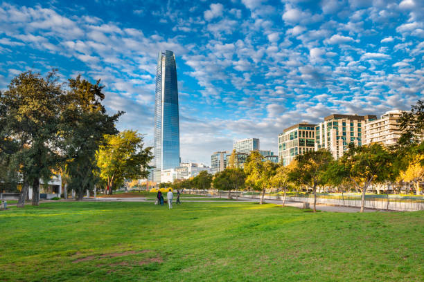Sculptures park Santiago, Region Metropolitana, Chile - May 14, 2017: View of the modern skyline of buildings at Providencia district from Parque de las Esculturas. santiago chile photos stock pictures, royalty-free photos & images