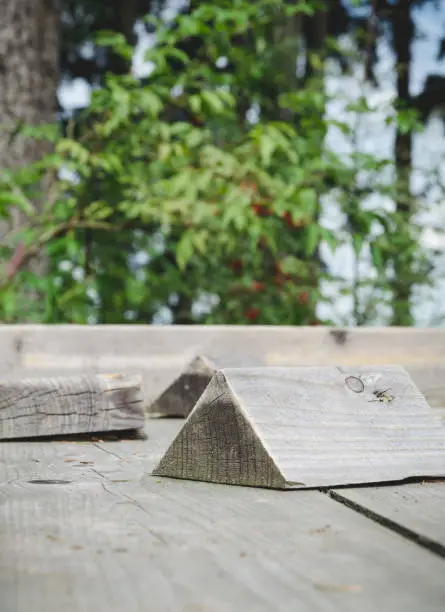 Pieces of wood lying on wooden structure by forest