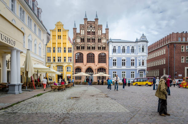 Market square with colourful ancient buildings, Stralsund, Germany
