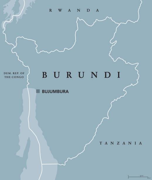 Burundi political map Burundi political map with capital Bujumbura and international borders. Republic and landlocked country in the African Great Lakes region of East Africa. Gray illustration. English labeling. Vector. republic of tanganyika stock illustrations