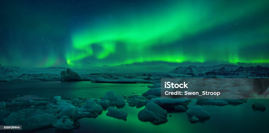 Jokulsarlon Lagoon Aurora borealis above Jokulsarlon glacier lagoon, Iceland Aurora Borealis Stock Photo