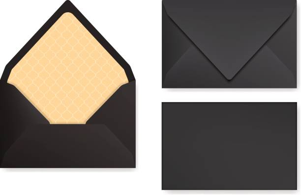 Mock-up of black designed envelope. Front view, closed and opened back side. Mock-up of black designed envelope. Front view, closed and opened back side. Triangle flip, golden textured paper inside. 3D realsitic vector illustration with transparent shadows. gold envelope stock illustrations