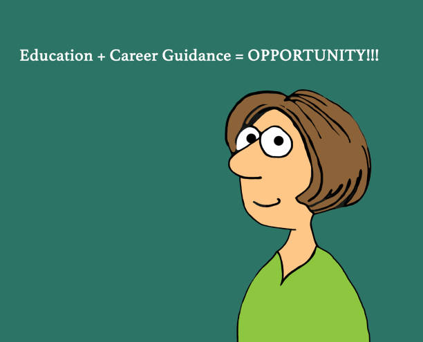 Opportunity Illustration of a woman and 'education + career guidance = Opportunity'. school counselor stock illustrations