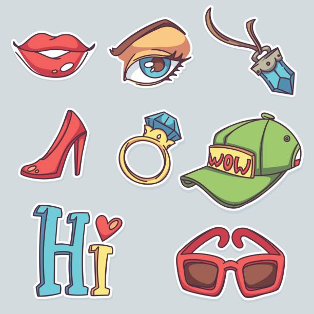 illustrazioni stock, clip art, cartoni animati e icone di tendenza di collezione vettoriale di badge patch alla moda con labbra, accessori per occhi e ragazze - girl sunglasses 80s