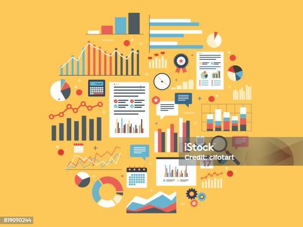 Analytics Round Illustration With Charts Stock Illustration - Download Image Now - Market Research, Spreadsheet, Bar Graph