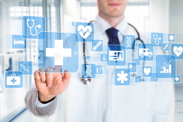 médico, mostrando ícones de serviços de saúde, plano de fundo do hospital - equipamento técnico médico - fotografias e filmes do acervo