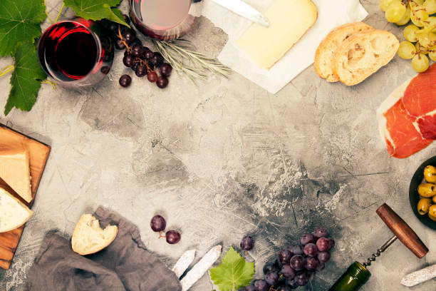 istock Wine and snack set. Grey marble background, top view, copy space 819186706