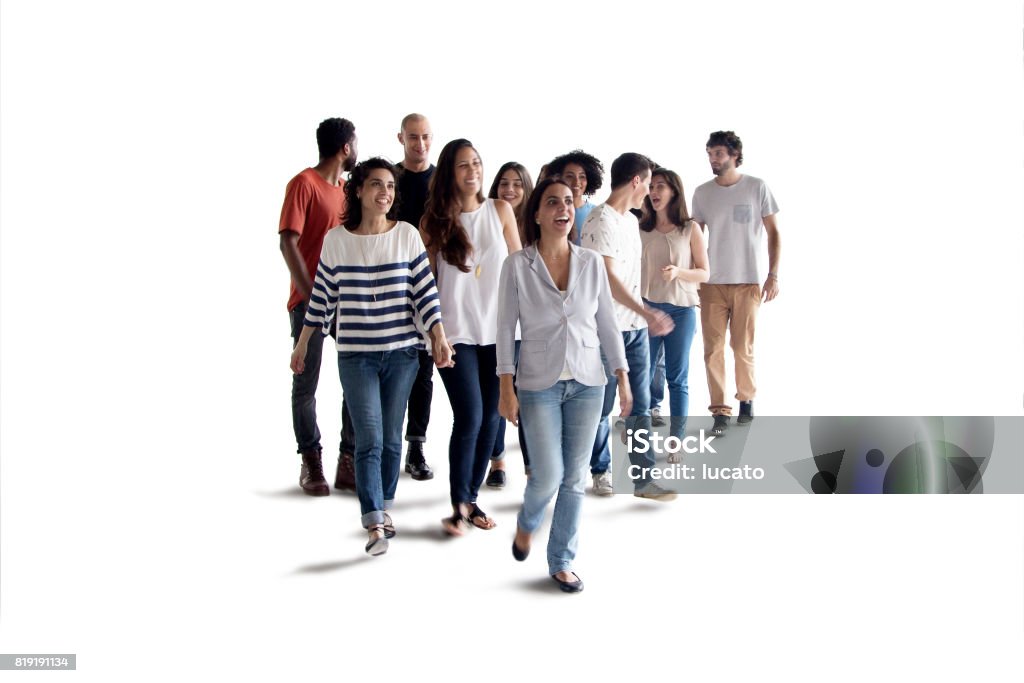 Group walkin on white background Young people walking on white background Group Of People Stock Photo