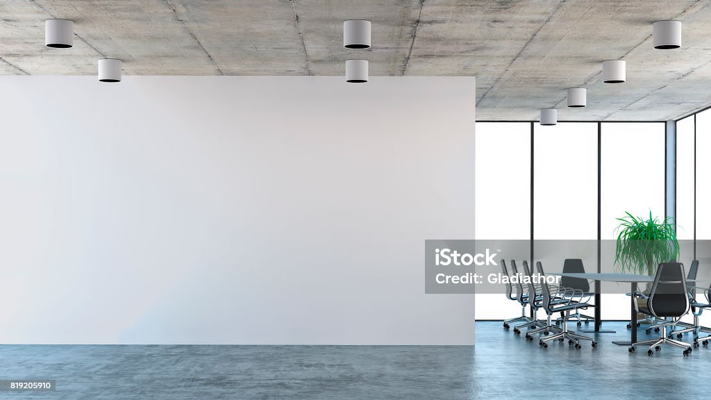 Empty office interior with conference table Empty office interior with conference table and decorative plant on concrete floor. White wall with copy space and windows in background. 3D rendered image. Office Stock Photo