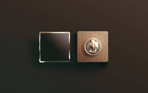 Blank gold enamel pin black mock up, front and back Blank gold enamel pin black mock up, front and back side view, 3d rendering. Empty luxury hard lapel badge mockup. Golden clasp-pin design template. Matal square brooch for logo presentation. black family crest stock pictures, royalty-free photos & images