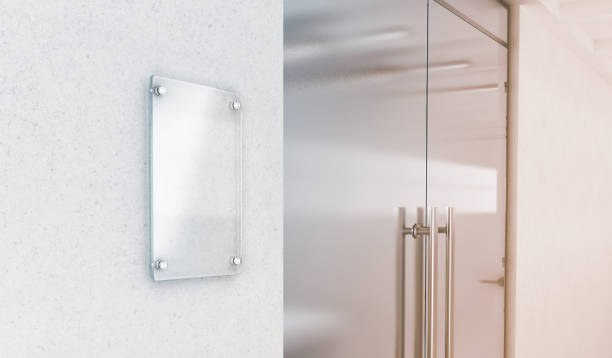 istock Blank vertical transparent glass sign plate mockup 819211090