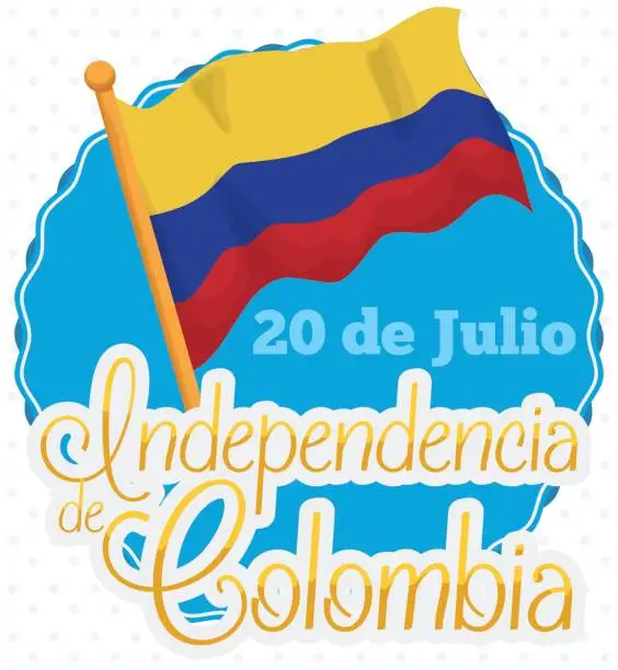 Vector illustration of Round Label with Waving Colombian Flag for Independence Day