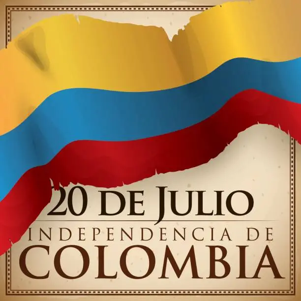 Vector illustration of Design with Ragged Flag over Scroll for Colombian Independence Day