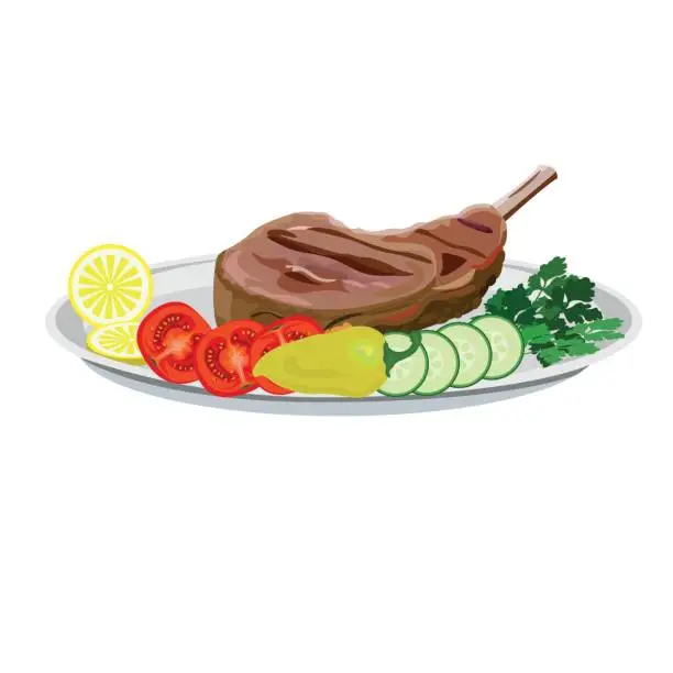 Vector illustration of Fried ribs with vegetables