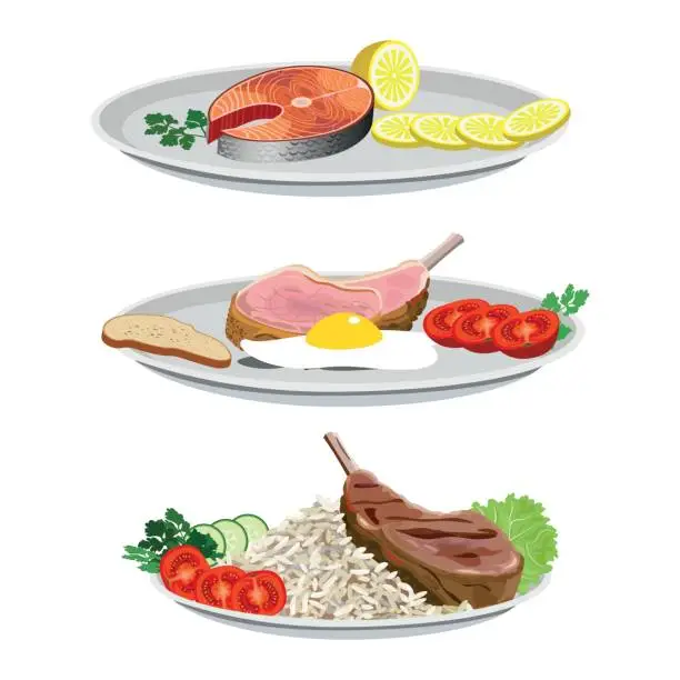 Vector illustration of Set of dishes from fish and meat