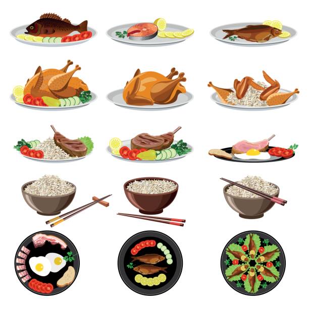 Food dishes set Food dishes set: fish, chicken, meat, rice, vegetables. Vector illustration. steak and eggs breakfast stock illustrations