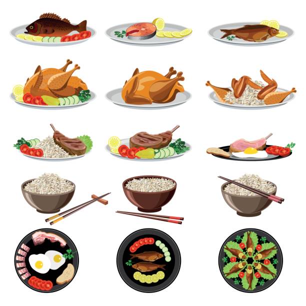 Food dishes set Food dishes set: fish, chicken, meat, rice, vegetables. Vector illustration. barbecue meal stock illustrations