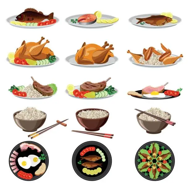 Vector illustration of Food dishes set