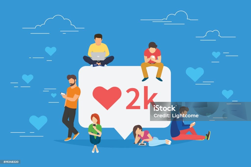 I like it social media bubble with red heart symbol Social media bubble with red heart symbol flat vector illustration of young people using mobile gadgets such as laptop, tablet pc and smartphone for networking and collecting likes and comments. Social Media stock vector