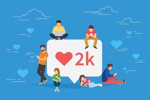 I like it social media bubble with red heart symbol Social media bubble with red heart symbol flat vector illustration of young people using mobile gadgets such as laptop, tablet pc and smartphone for networking and collecting likes and comments. social media followers illustrations stock illustrations