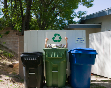 Recycling bins in a modern city