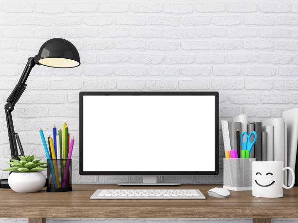 istock Easy loft working desk with blank computer monitor screen 3d rendering image 819277196