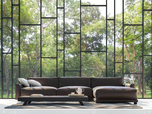 Modern living room with garden view 3d rendering Image
