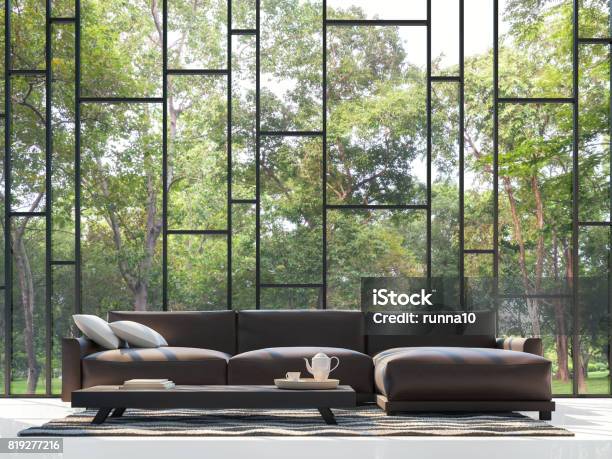 Modern Living Room With Garden View 3d Rendering Image Stock Photo - Download Image Now