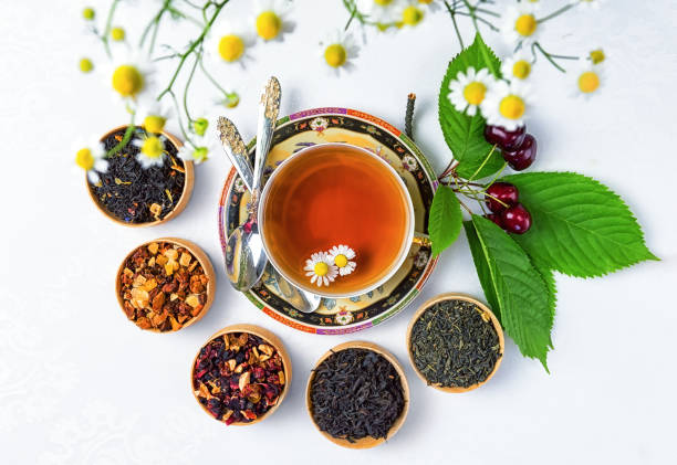 tea, cup of tea, various kinds of tea, tea on the table - afternoon tea fotos imagens e fotografias de stock