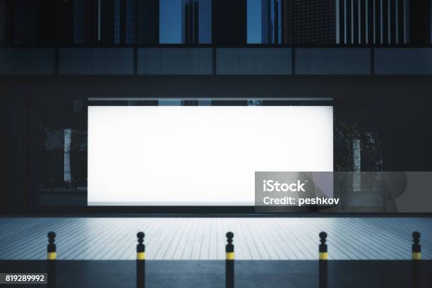 Showcase With Empty Banner Stock Photo - Download Image Now - Billboard, Night, Street