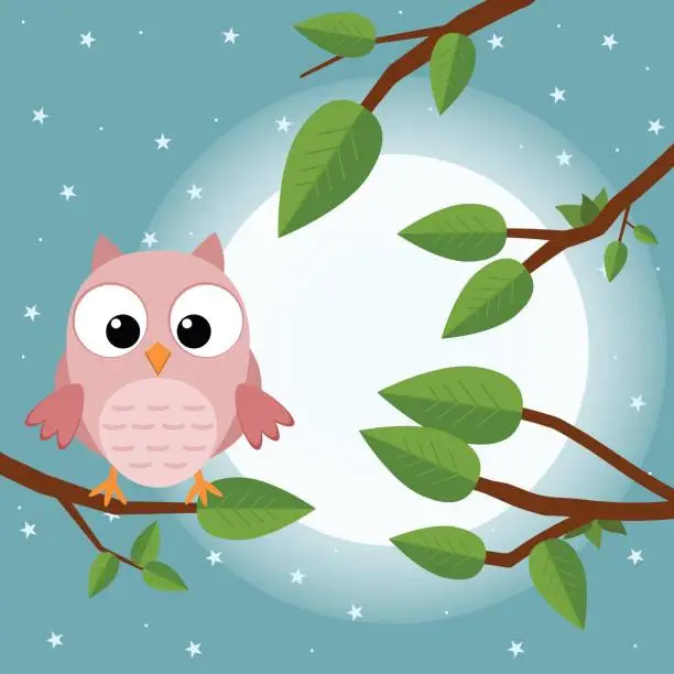 Vector illustration of Colorful tree with cute owl. Cartoon bird in moon forest. Flat vector illustration.