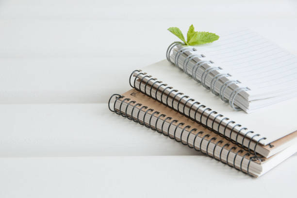 cuadernos sobre fondo de madera blanco - spiral notebook open note pad textbook fotografías e imágenes de stock